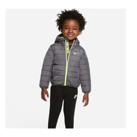 Nike Boys Puffer Grey Lime Green Yellow Just Do It Winter Coat Jacket Coat 4T